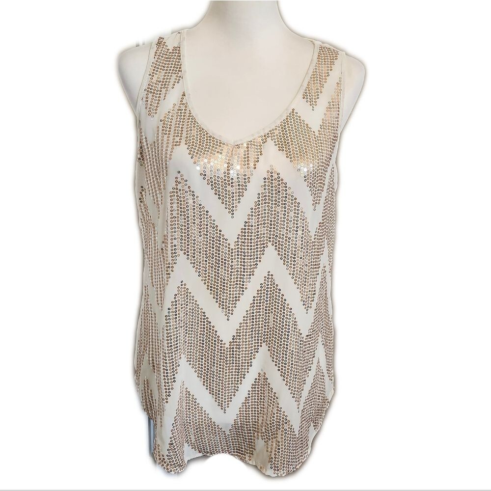 Socialite sheer cream tank top with sequin chevron detail, size M